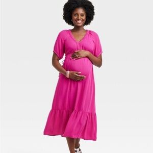 Isabel By Ingrid Hot Pink Cinch Waist V-Neck Rayon Maxi Dress Maternity
